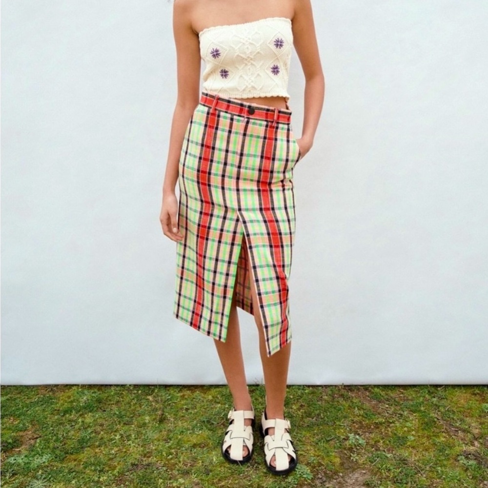 ZARA TEXTURED MIDI PLAID SKIRT
